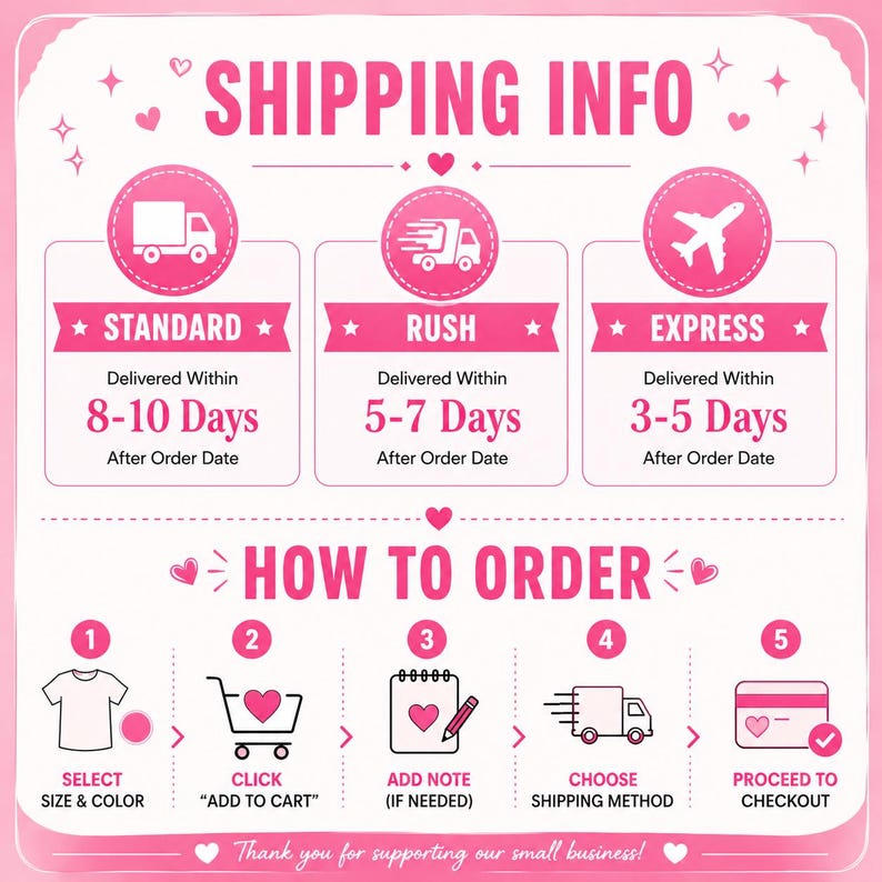The image is a pink and white shipping information graphic that provides details on how to order a product, including the shipping method, size and color, and the checkout process.