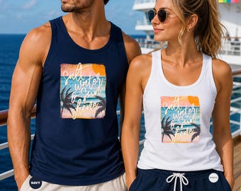 May include: A navy blue tank top with the text "Salt Water & Surf & Shine" and a beach scene graphic. A white tank top with the same graphic is also shown. Both are sleeveless and suitable for warm weather.