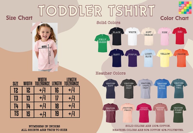 The image is a size chart and color chart for a toddler t-shirt, providing information on the sizes and solid colors available for the t-shirt.