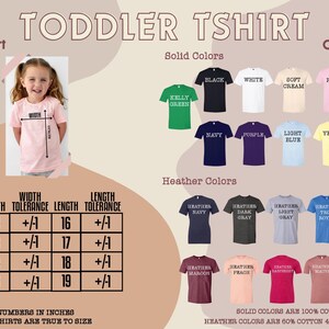 The image is a size chart and color chart for a toddler t-shirt, providing information on the sizes and solid colors available for the t-shirt.