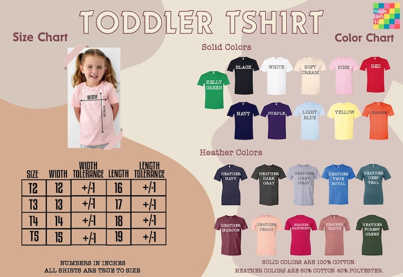The image is a size chart and color chart for a toddler t-shirt, providing information on the sizes and solid colors available for the t-shirt.
