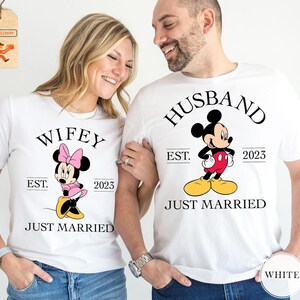 Personalized Disney Honeymoon Couple Shirt, Mickey and Minnie Just Married Shirt, Disney Matching Shirt, Husband and Wifey Disney Trip Shirt