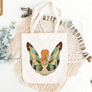 Angel Wings Canvas Tote Bag, Vintage Design Women Shoulder Bag, Plant Floral Tote Bag, Aesthetic Cute Shopping Bag,Eco Friendly Grocery Bag