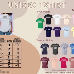 The image is a size chart and color chart for a unisex t-shirt. It displays various solid colors and their corresponding t-shirt designs, along with measurements and widths for each design.