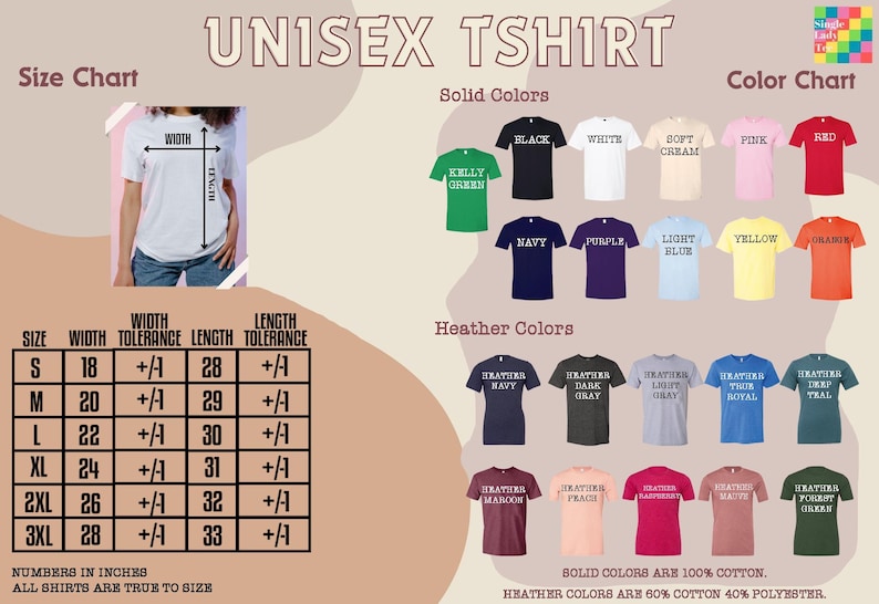 The image is a size chart and color chart for a unisex t-shirt. It displays various solid colors and their corresponding t-shirt designs, along with measurements and widths for each design.