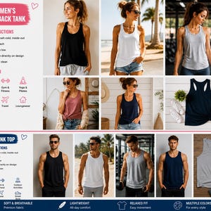 The image is a collage of various photos featuring women's and men's tank tops, showcasing different styles, colors, and designs.