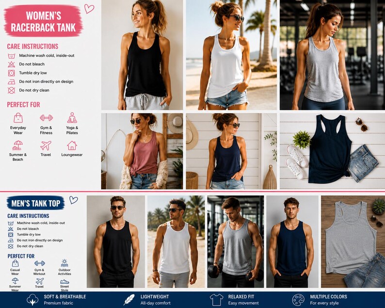The image is a collage of various photos featuring women's and men's tank tops, showcasing different styles, colors, and designs.