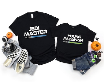 Chemises Jedi Master Young Padawan, chemise étoiles, chemises papa et moi assorties, chemise Jedi père et fils, chemise bébé Jedi et padawan