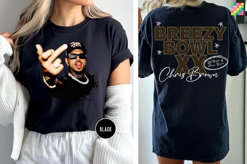 The image is a collage of two photos. In the left photo, a person is wearing a black t-shirt with a graphic of a man making a peace sign. In the right photo, the same person is wearing a black t-shirt with the text "Breezy Bowl XX" and "Chris Brown" printed on it.
