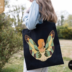 Angel Wings Canvas Tote Bag, Vintage Design Women Shoulder Bag, Plant Floral Tote Bag, Aesthetic Cute Shopping Bag,Eco Friendly Grocery Bag