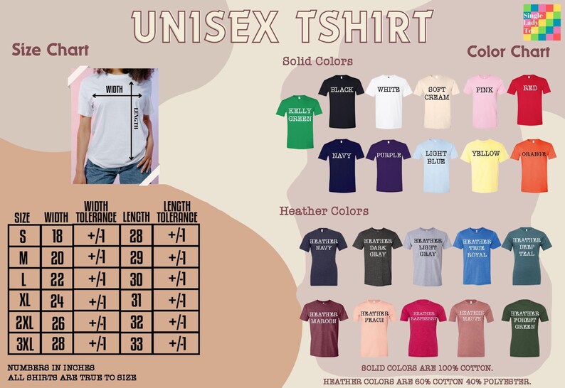 The image is a size chart and color chart for a unisex t-shirt. It displays various solid colors and their corresponding t-shirt designs, along with measurements and widths for each design.