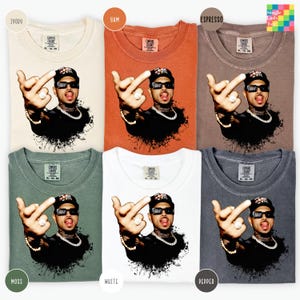 The image is a collage of six different color t-shirts, each featuring a man making a peace sign gesture. The t-shirts are arranged in a grid format, with two rows and three columns.