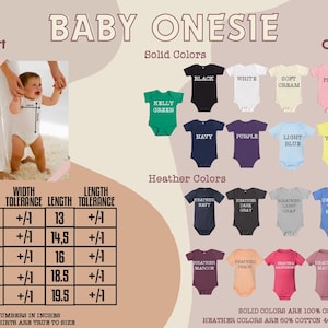 The image is a size chart and color chart for baby onesies, providing information on the sizes and colors of the onesies available.