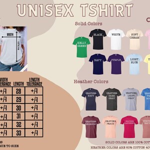 The image is a size chart and color chart for a unisex t-shirt. It displays various solid colors and their corresponding t-shirt designs, along with measurements and widths for each design.