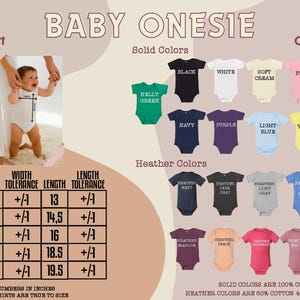 The image is a size chart and color chart for baby onesies, providing information on the sizes and colors of the onesies available.