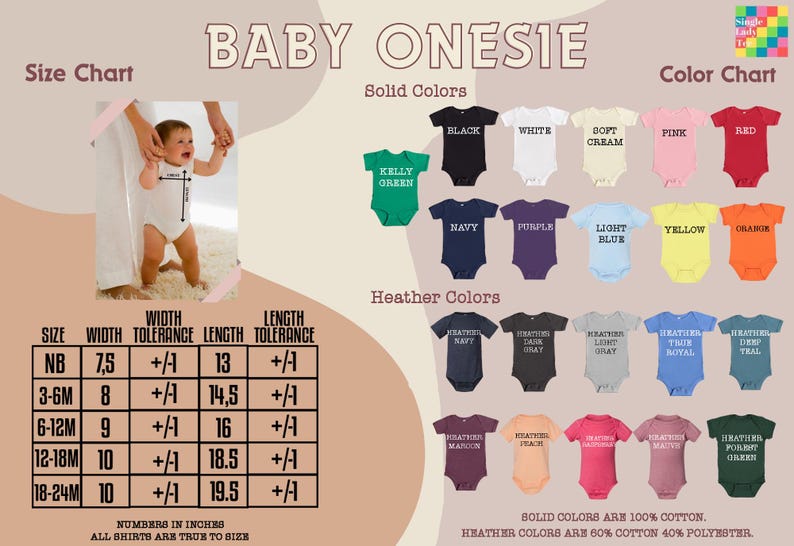 The image is a size chart and color chart for baby onesies, providing information on the sizes and colors of the onesies available.