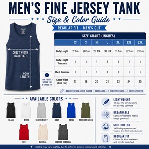 The image is a size and color guide for men's fine jean tank tops. It provides measurements and descriptions for various sizes and colors, including chest width, body length, chest tolerance, and available colors.