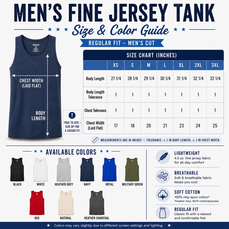 The image is a size and color guide for men's fine jean tank tops. It provides measurements and descriptions for various sizes and colors, including chest width, body length, chest tolerance, and available colors.