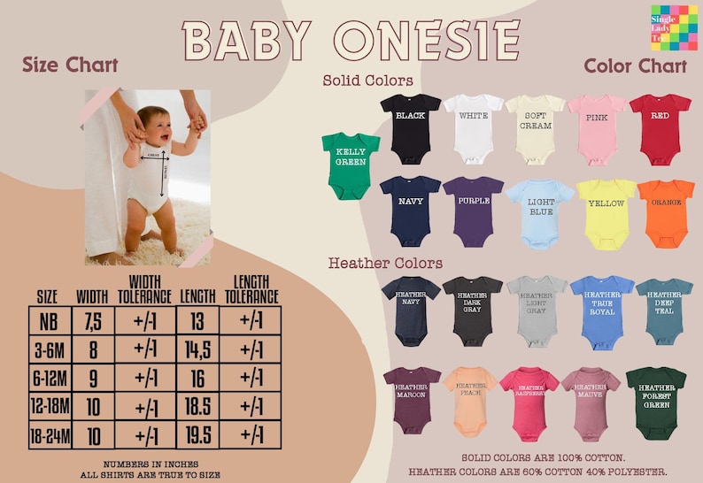 The image is a size chart and color chart for baby onesies, providing information on the sizes and colors of the onesies available.