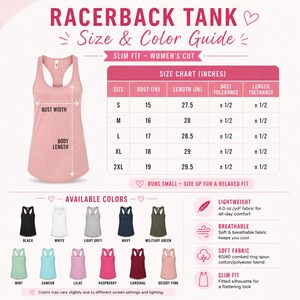 The image is a size and color guide for a racerback tank, providing measurements and descriptions for different sizes and colors.