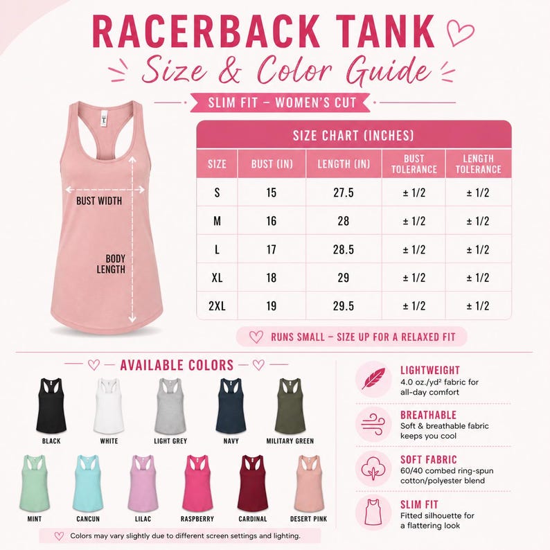 The image is a size and color guide for a racerback tank, providing measurements and descriptions for different sizes and colors.