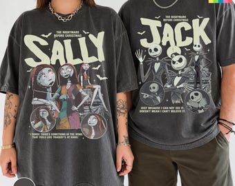 May include: Two charcoal gray oversized t-shirts featuring The Nightmare Before Christmas graphics. The left shirt displays Sally with the text 'I sense there's something in the wind. That feels like tragedy's at hand.' The right shirt shows Jack with the text 'Just because I can not see it, doesn't mean I can't believe it.'