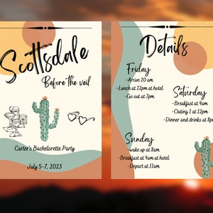 Scottsdale Before the Veil, Arizona, Desert Bachelorette Party Invite and Itinerary Editable Template Digital Download, Personalized, Custom