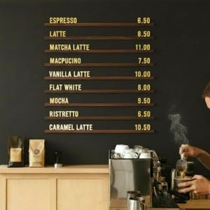 Op de afbeelding: Een koffiemenu op een donkere muur vermeldt espresso, latte, matcha latte, macpucino, vanille latte, flat white, mocha, ristretto en caramel latte. Het menu is in gouden letters met bruine planken. Een barista schenkt koffie.