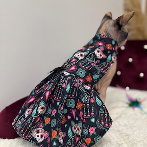 Halloween Skeleton Sphynx Cat Dress: Handmade Cotton Costume
