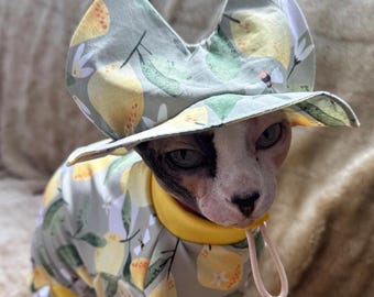 Full Coverage Sphynx Cat Sun Hat with Ear Pockets, Hairless Cat Summer Bonnet,  Breathable Cotton Pet Beach Hat, Devon Rex