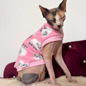 Puede incluir: Un gato sin pelo con cara tricolor lleva un suéter de forro polar rosa con un estampado de ovejas blancas. El suéter tiene un cuello y un dobladillo de canalé rosa claro, con una pequeña etiqueta rectangular blanca en el lateral con el texto SparkStyle.