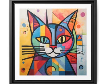 May include: Abstract painting of a cat's face in a colorful geometric style. The cat's eyes are green and yellow, and the fur is a mix of blue, red, yellow, and green.