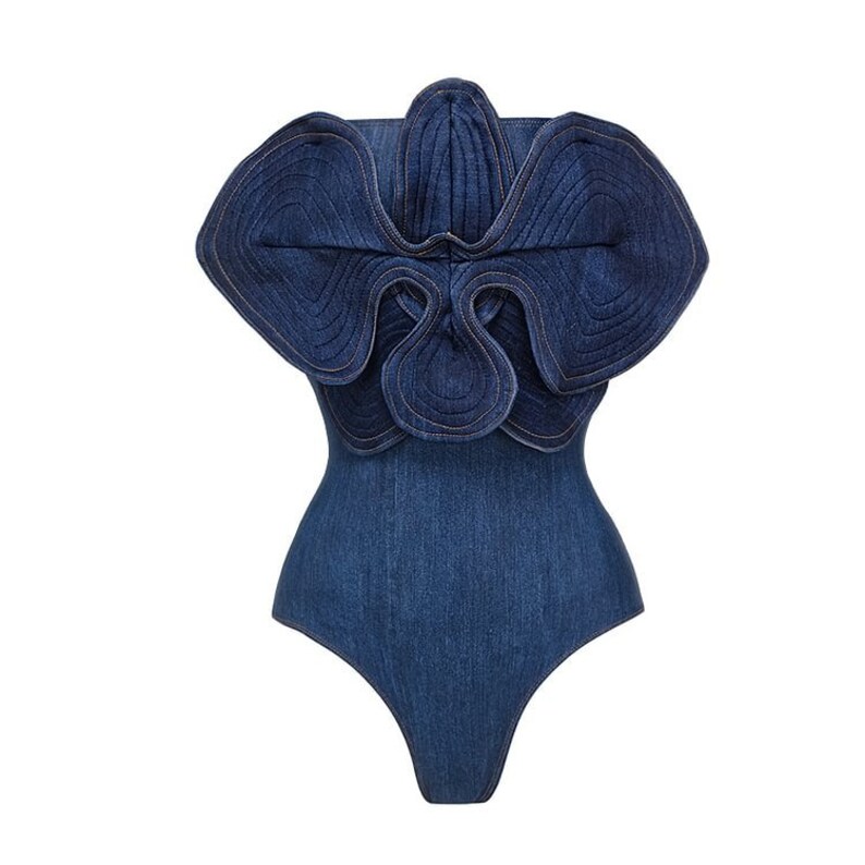 Flaxmaker off Shoulder 3D Flower Denim Printed One Piece Swimsuit Set ...