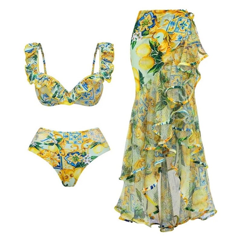 Flaxmaker Lemon Print High-waisted Bikini Set Swimsuit and Mesh ...
