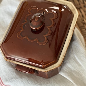 Rustic vintage ceramic pate terrine brown color faience terrine French Provence style pate jar with lid earthware terrine rectangular glazed
