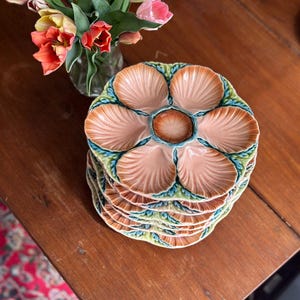 French antique oyster serving platter Sarreguemines majolica multicolor oyster plate France rare ceramic lemon oyster center table top dish