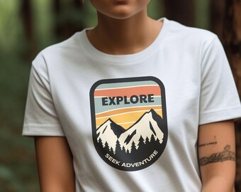 Explore camisa ao ar livre, camiseta de caminhada, camisa de aventura, camiseta de acampamento, camiseta de montanha, camiseta de caminhante, camisa de amante da natureza, vibrações retrô