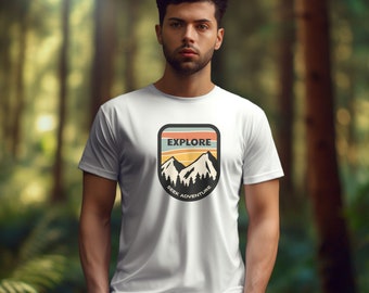 Explore camisa ao ar livre, camiseta de caminhada, camisa de aventura, camiseta de acampamento, camiseta de montanha, camiseta de caminhante, camisa de amante da natureza, vibrações retrô