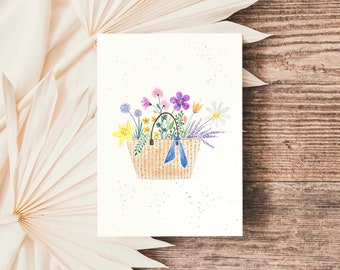 Postkarte Blumenstrauß im Bastkorb / Karte A6 / Blumen