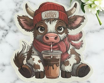 2 x Coffee Addict Highland Cow Vinyl Stickers laptop scrapbook junk journal crafts