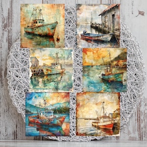 Rustikale Fischerboot Karten-Topper x6, Kunsthandwerk, Junk Journal, Scrap-Buch, Tags, Wandkunst