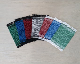 Handwoven Diamond Coasters, 4pc Set, 100% Cotton, Green, Blue, Red, White, Black, Housewarming Gift