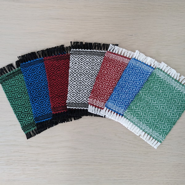 Handwoven Diamond Coasters, 4pc Set, 100% Cotton, Green, Blue, Red, White, Black, Housewarming Gift