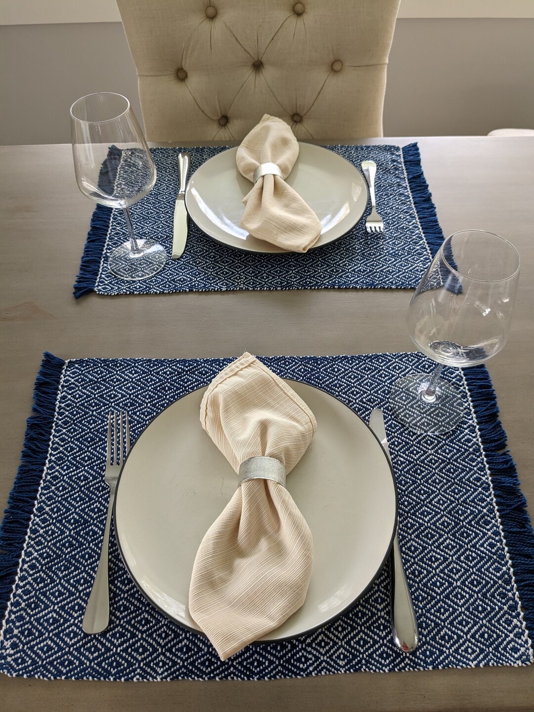 Handwoven Elegant Coastal Diamond Placemats 2pc Set Navy Blue White handwoven-elegant-coastal-diamond-placemats-2pc-set-navy-blue-white