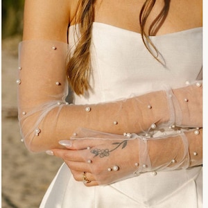 Braut Armstulpen Mesh Perle lange Handschuhe Hochzeit Handschuhe für Braut elegantes Accessoire für Bachelorette oder Verlobung Fotos