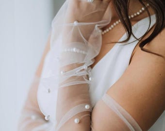 Guantes de novia sin dedos de tul perlado, largos, color marfil, estilo ópera, elegantes accesorios de malla transparente.