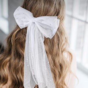 Bridal Hair Accessory White Tulle Design Pearl Accent Collection Premium Quality Construction Wedding Style Essential Elegant Flowing Detail Princess Look Beautiful Hair Piece Perfect Special Occasion Formal Event Collection