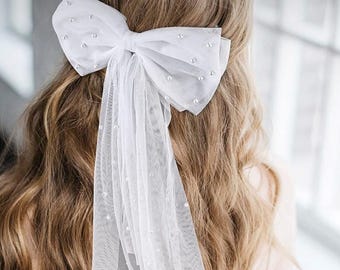 Velo de novia con lazo: accesorio para el cabello de perla para despedida de soltera