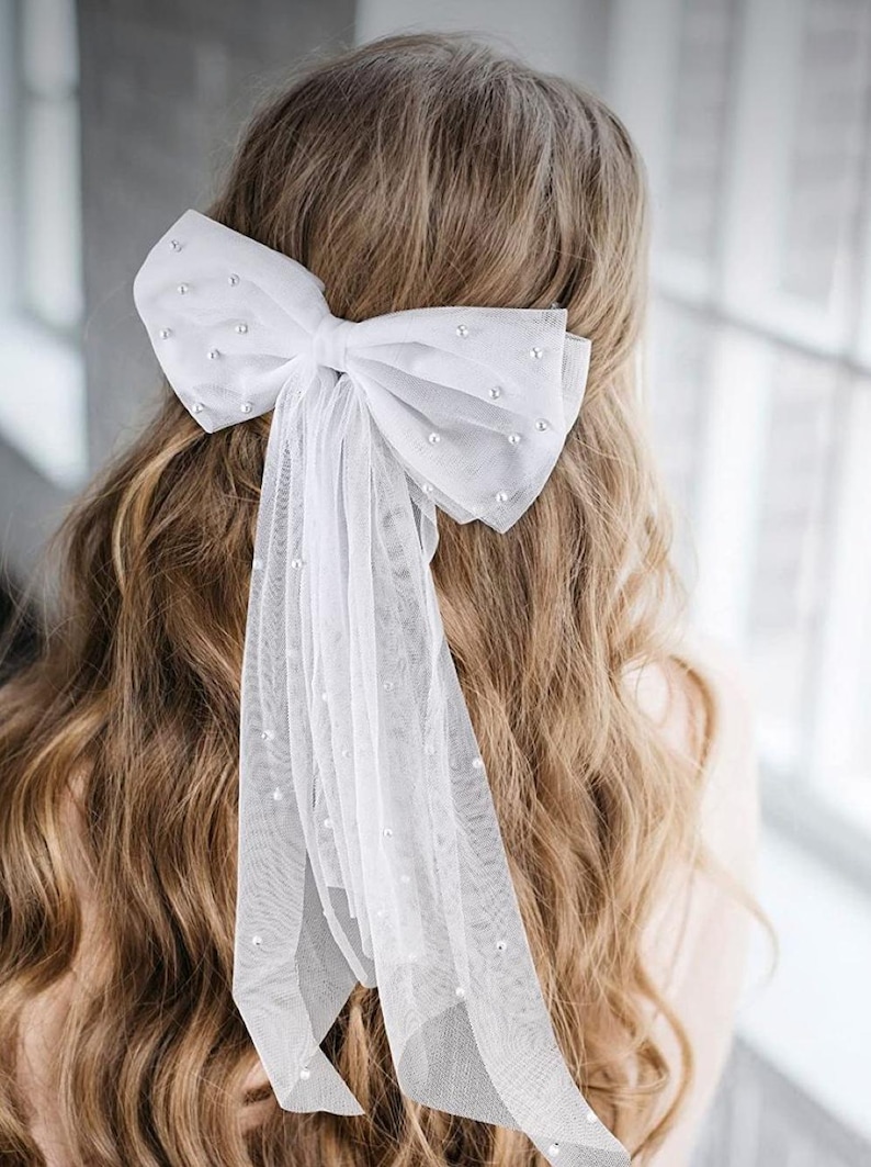Bridal Hair Accessory White Tulle Design Pearl Accent Collection Premium Quality Construction Wedding Style Essential Elegant Flowing Detail Princess Look Beautiful Hair Piece Perfect Special Occasion Formal Event Collection