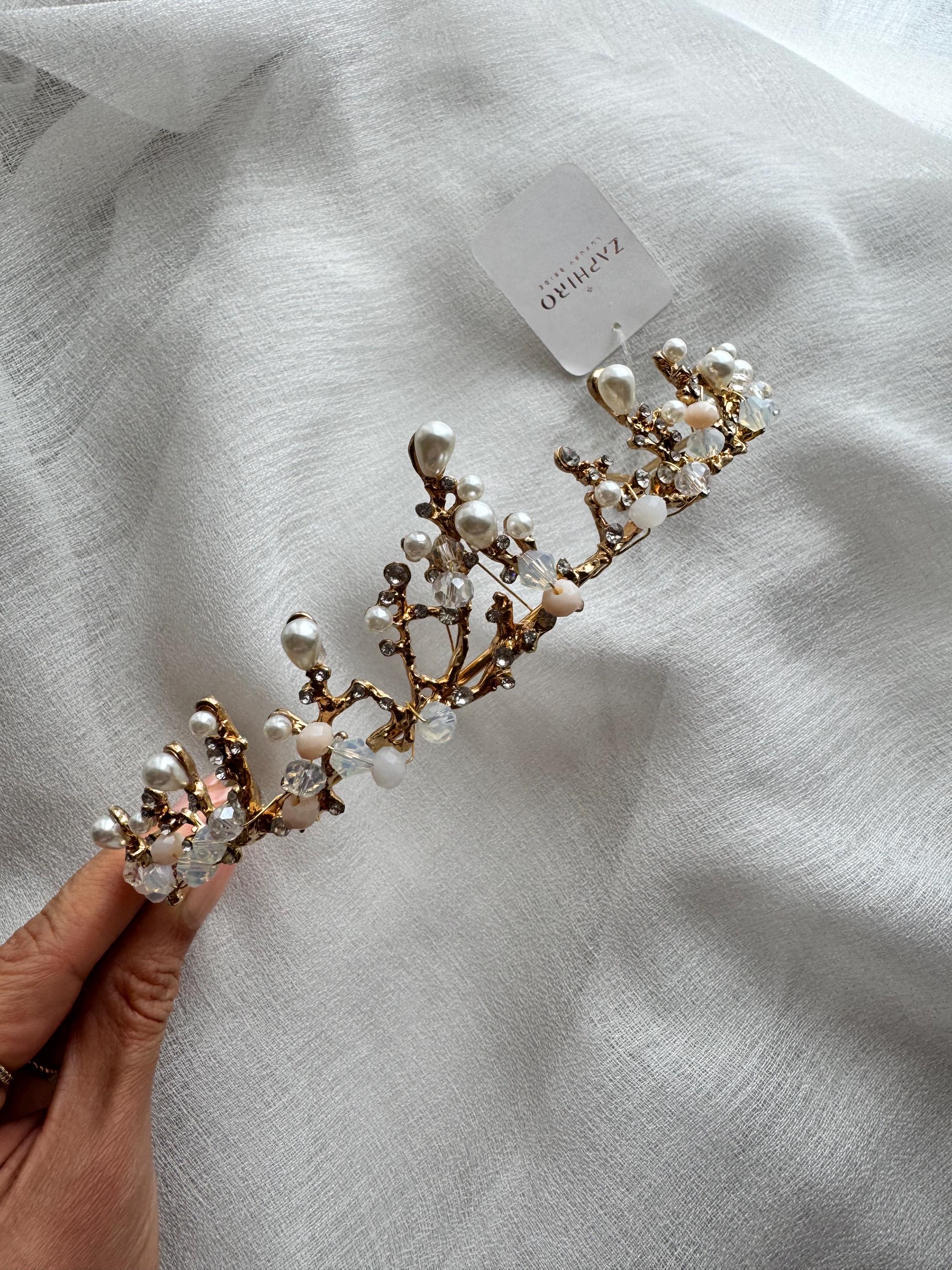 Gold Pearl and Crystal Tiara Headband - Elegant Women\'s Accessory Amazon.com: Beaupretty Pearl Crown Headband Wedding Bridal  main image 4